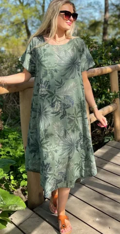 Babette kjole vidde og motiv af blade khaki LikeLondon