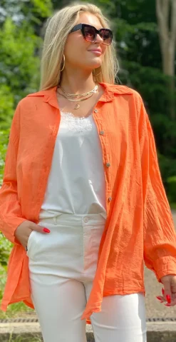Bernadotte skjorte med perlemors knapper orange LikeLondon
