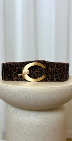 Bredt bælte med overlap og leopardprint camel LikeLondon
