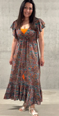 Calinah silkekjole med v-udskæring og bindebånd orange LikeLondon by Christina