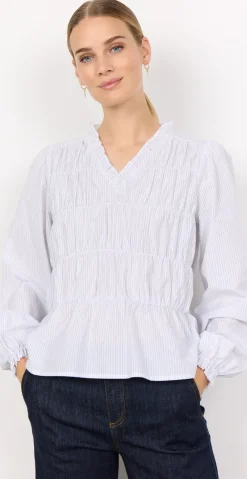 Celeste bluse med smock og nålestrib hvid
