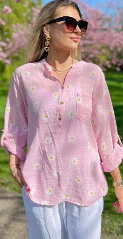 Daisy bluse med knapper og marguerit blomst rosa LikeLondon