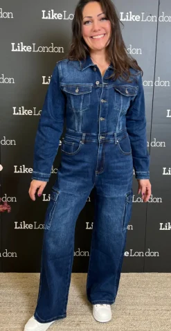 Elina denim-jumpsuit med lommer mørk denim LikeLondon