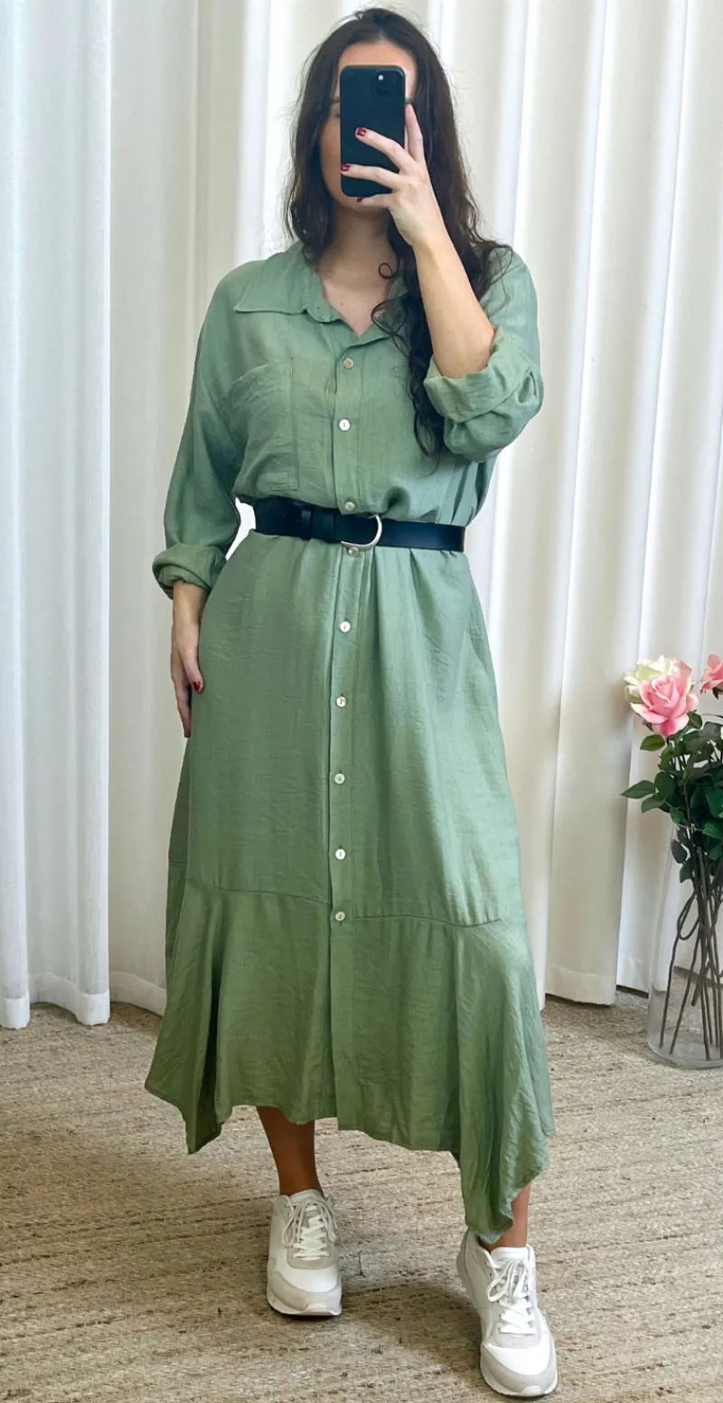 Erna kjole med brystlomme og peplum khaki LikeLondon