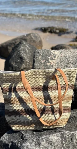 Flettaske med striber og lynlås brun/sand LikeLondon