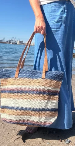 Flettaske med striber og lynlås navy/sand LikeLondon