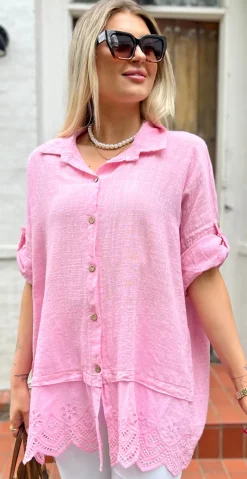 Forudbestil uge 24 Oda skjortebluse med broderi anglaise pink LikeLondon