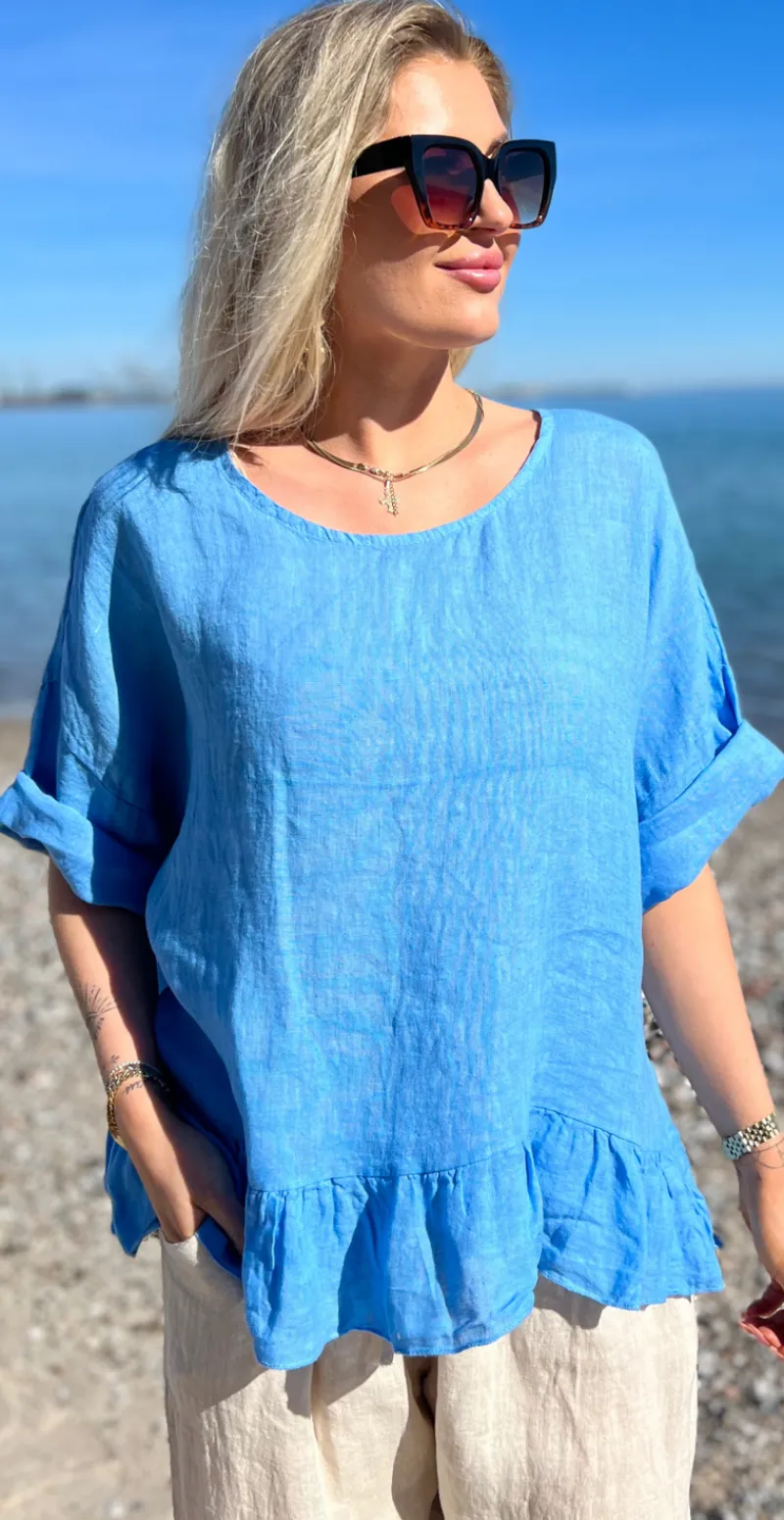 Freja hørbluse med peplum blå LikeLondon