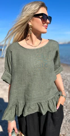 Freja hørbluse med peplum khaki LikeLondon