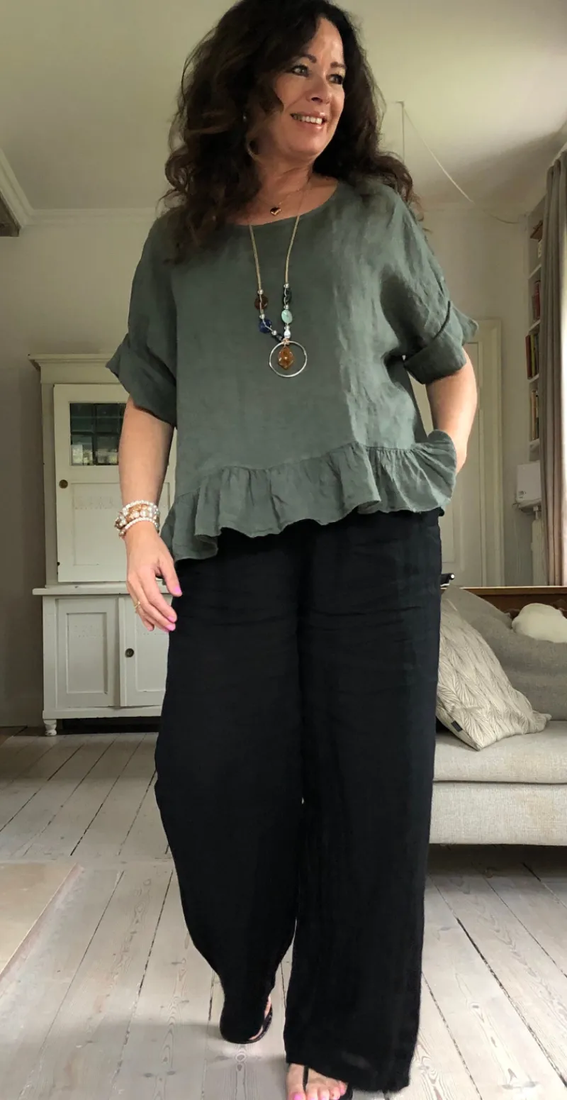 Freja hørbluse med peplum khaki LikeLondon