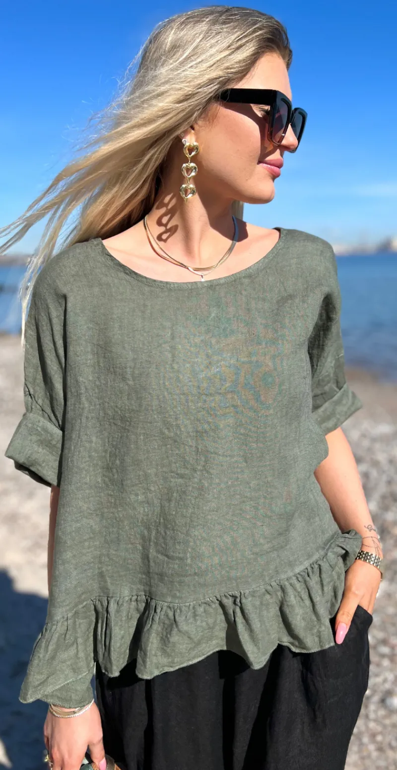 Freja hørbluse med peplum khaki LikeLondon