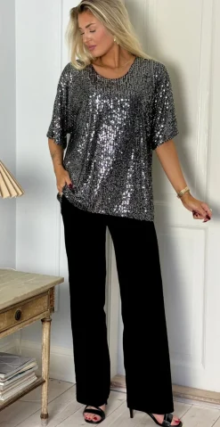 Gemma bluse med pailletter sort/sølv LikeLondon
