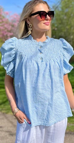 Gypsy ternet bluse med smock og flæseærmer lysblå LikeLondon