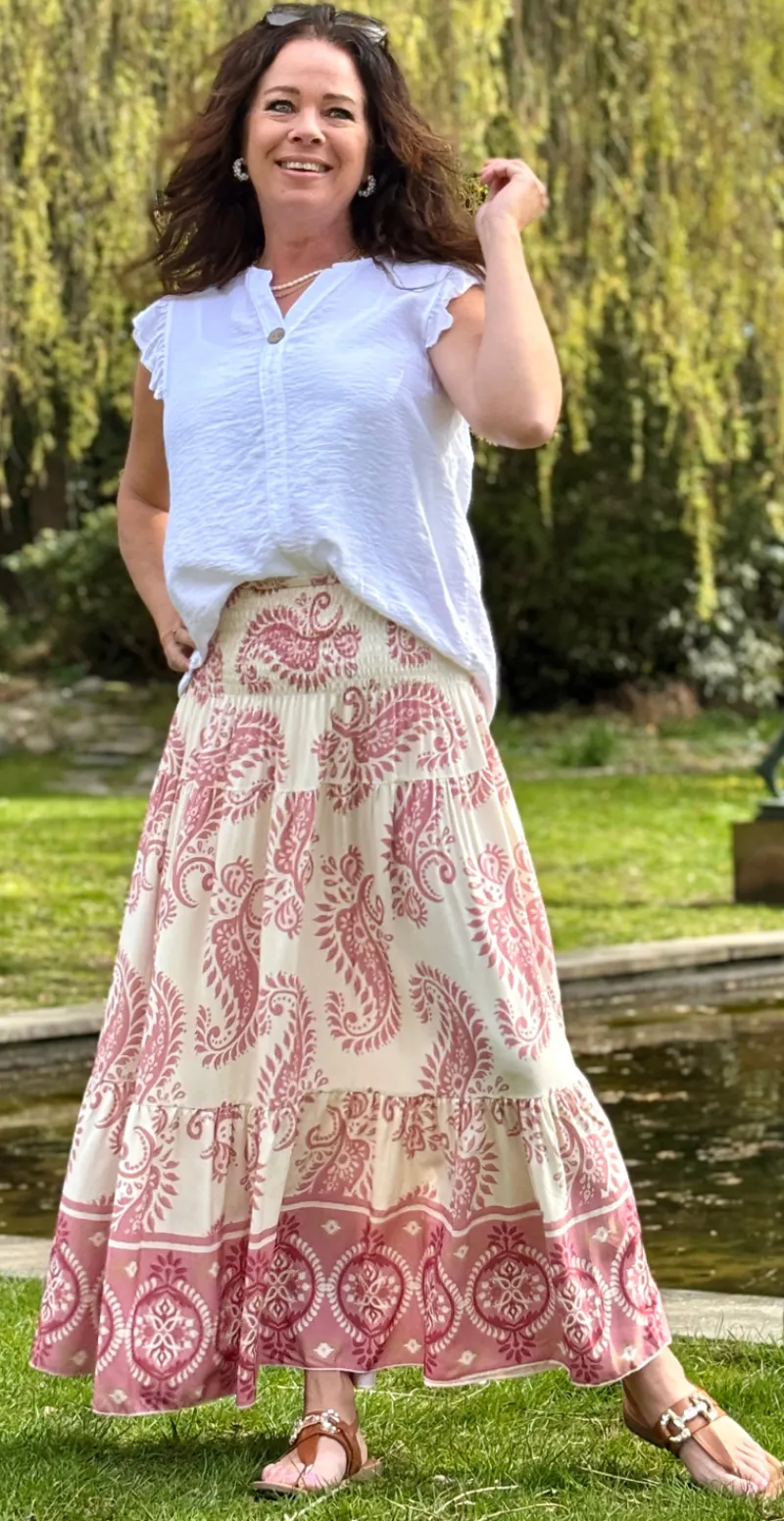 Jackie nederdel med paisley print rosa LikeLondon