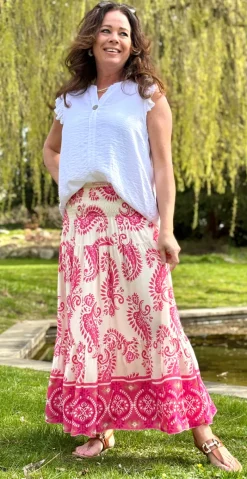 Jackie nederdel med paisley print pink LikeLondon