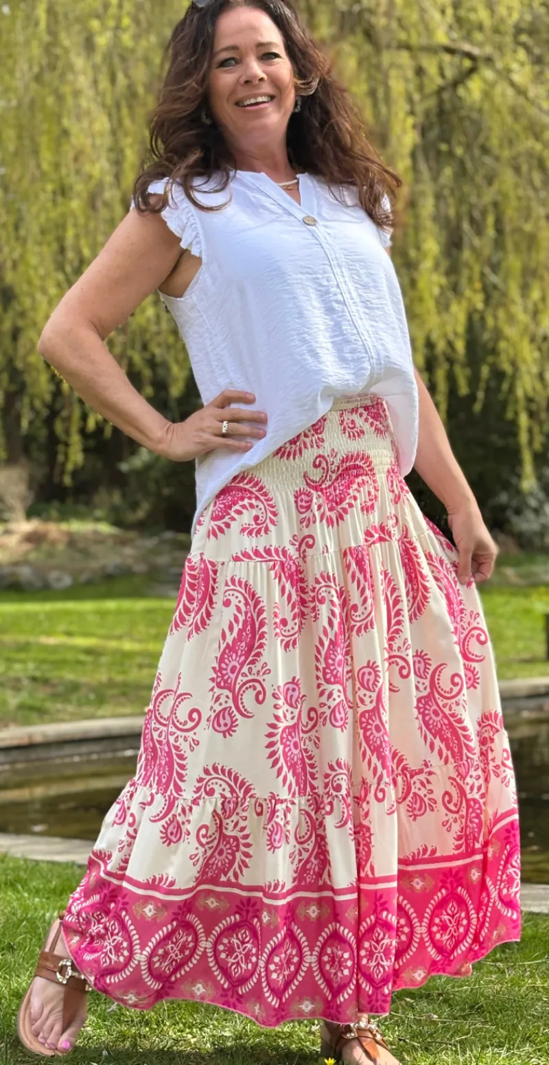 Jackie nederdel med paisley print pink LikeLondon