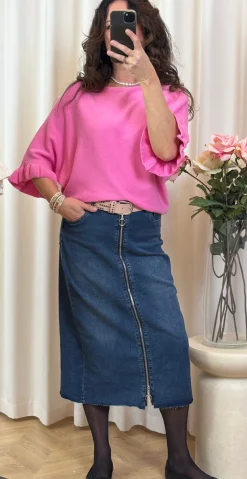 Jada strikbluse med flæseærmer pink LikeLondon