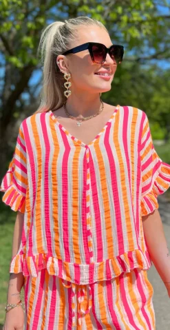 Judith bluse med striber og bindebånd på ryggen pink/orange LikeLondon