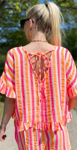 Judith bluse med striber og bindebånd på ryggen pink/orange LikeLondon