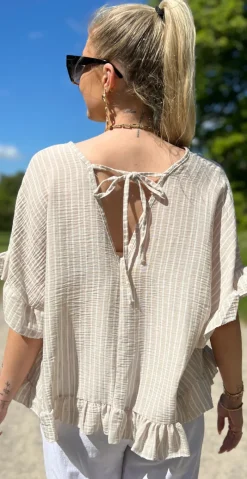 Leonora bluse med striber og bindebånd på ryggen beige LikeLondon