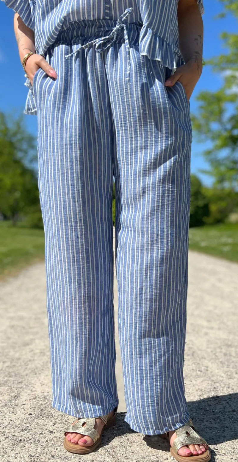 Leonora bukser med striber og snøre i taljen denim LikeLondon
