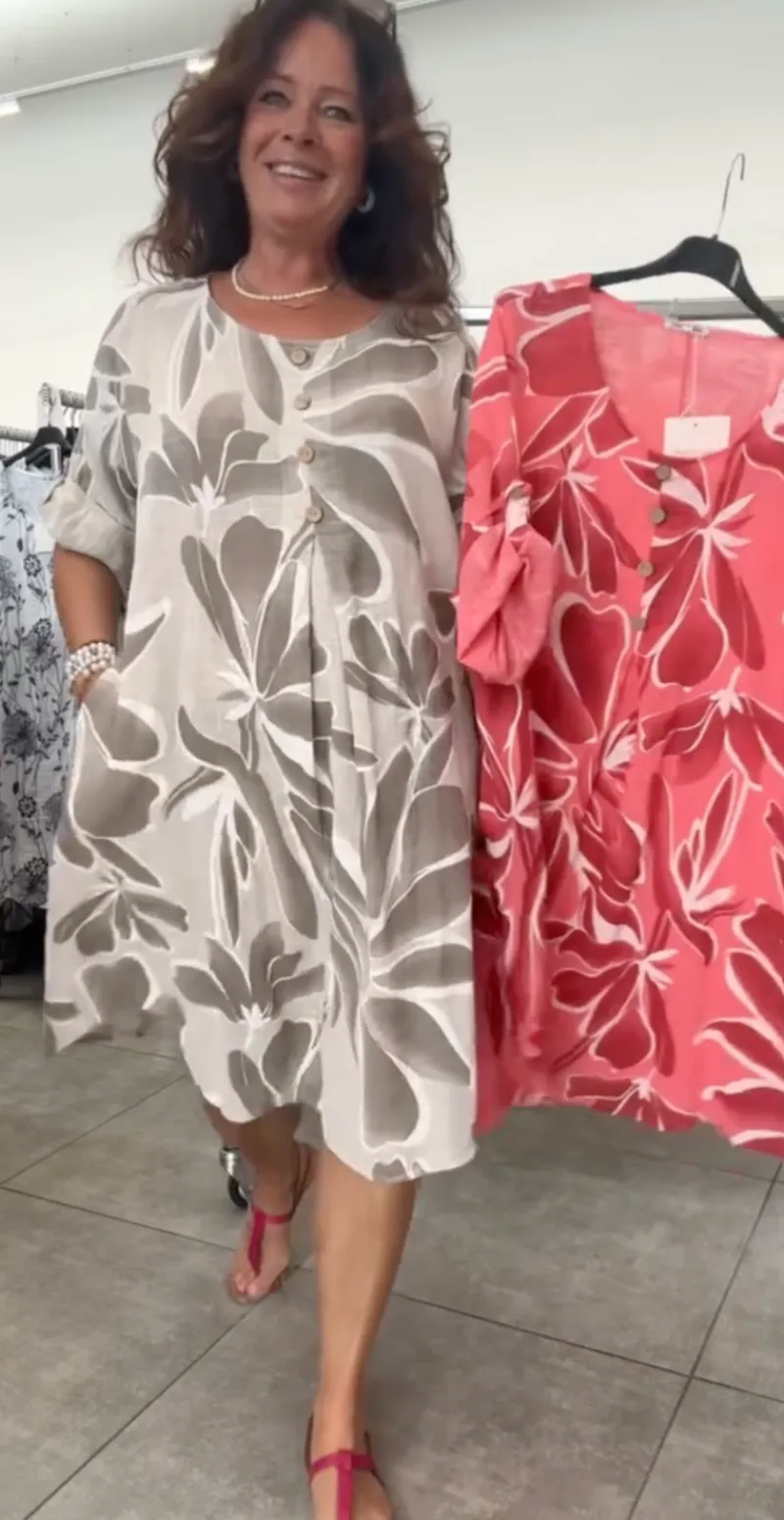 Lian kjole med print, træknapper og lommer beige LikeLondon