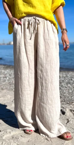 Lilli hørbukser med lommer og elastik i taljen beige LikeLondon