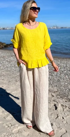 Lilli hørbukser med lommer og elastik i taljen beige LikeLondon