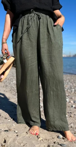 Lilli hørbukser med lommer og elastik i taljen khaki LikeLondon