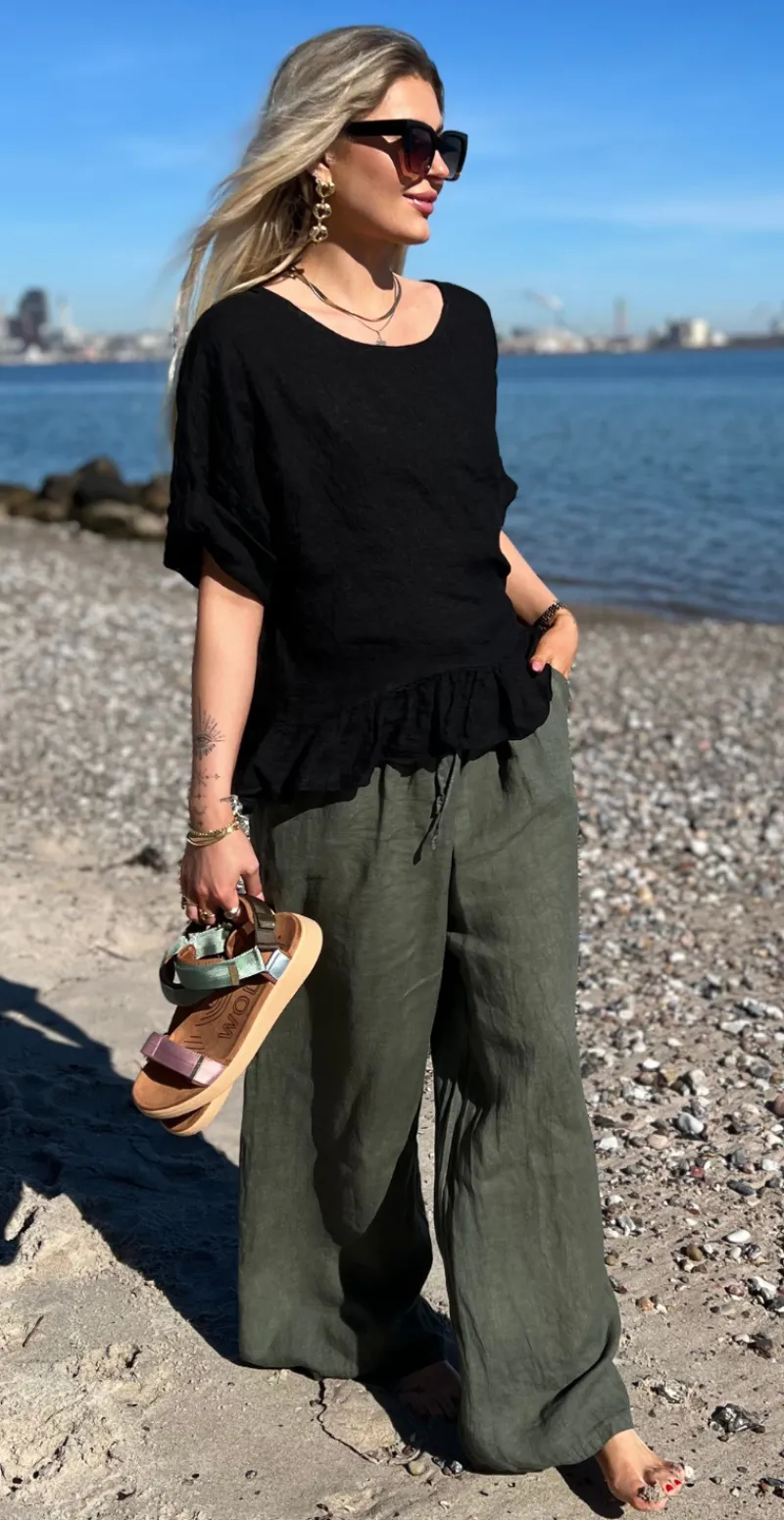 Lilli hørbukser med lommer og elastik i taljen khaki LikeLondon