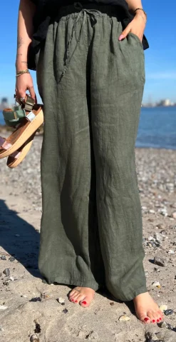 Lilli hørbukser med lommer og elastik i taljen khaki LikeLondon