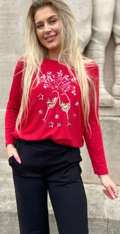 Madelene strikbluse med champagneglas i pailletter rød Likelondon