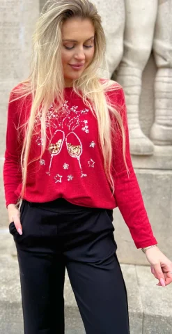 Madelene strikbluse med champagneglas i pailletter rød Likelondon