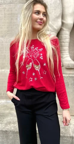 Madelene strikbluse med champagneglas i pailletter rød Likelondon