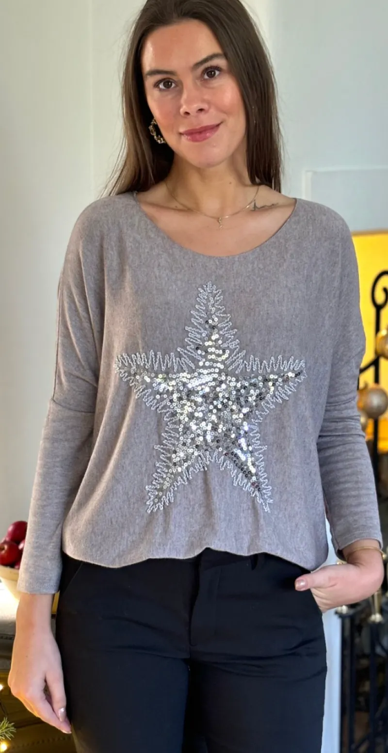Madelene strikbluse med paillet stjerne mocca Likelondon