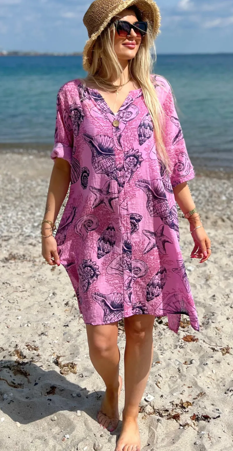 Marissa kjole med træknap og print af muslingeskaller pink LikeLondon