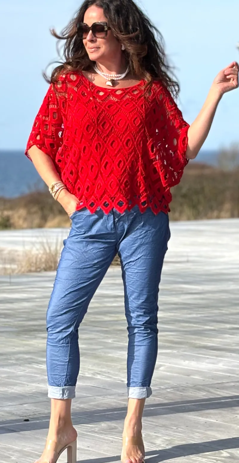 Michela hæklet bluse med indertop rød LikeLondon