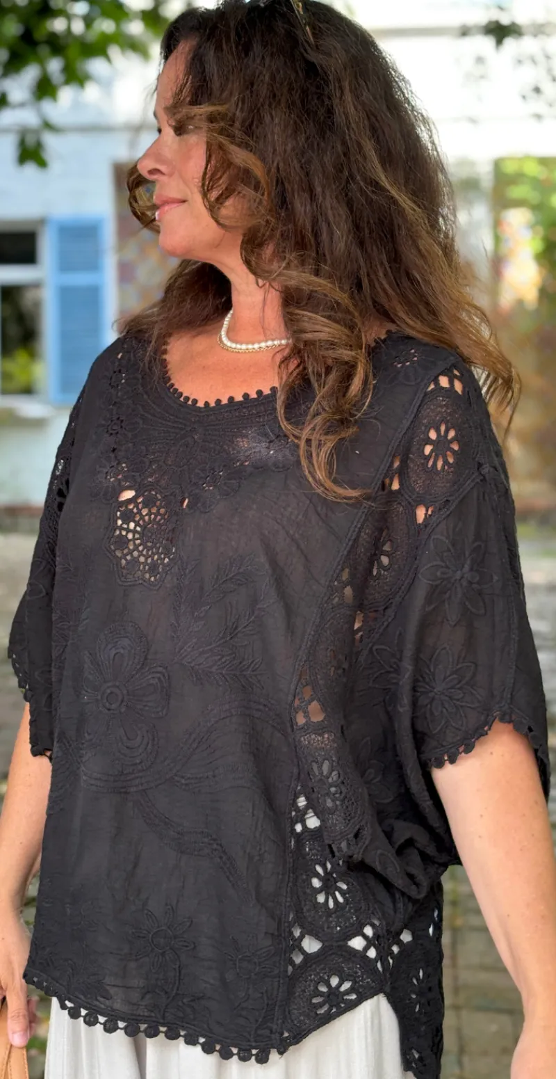 Myrna bluse med blondemotiv sort LikeLondon