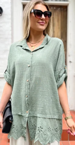 Oda skjortebluse med broderi anglaise khaki LikeLondon