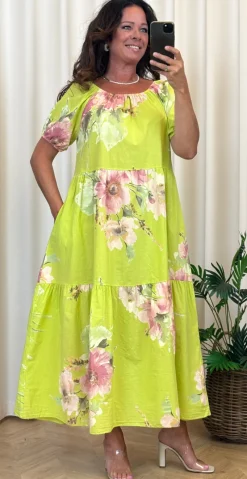 Odessa kjole med peplum og blomster print lime LikeLondon