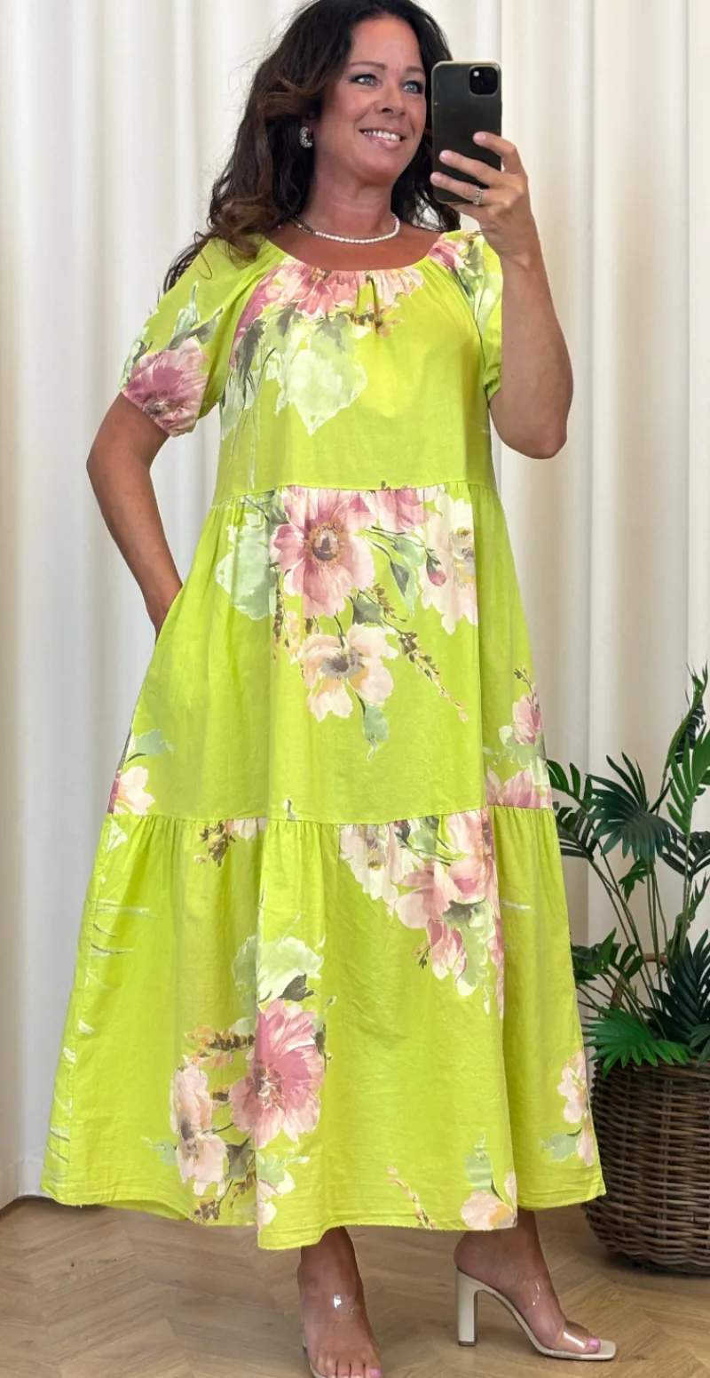 Odessa kjole med peplum og blomster print lime LikeLondon