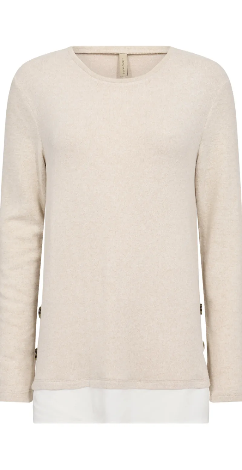 Olivia strikbluse med skjortekant beige