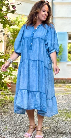Rae kjole med knapper, peplum og flæsedetaljer denim LikeLondon