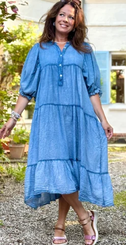 Rae kjole med knapper, peplum og flæsedetaljer denim LikeLondon