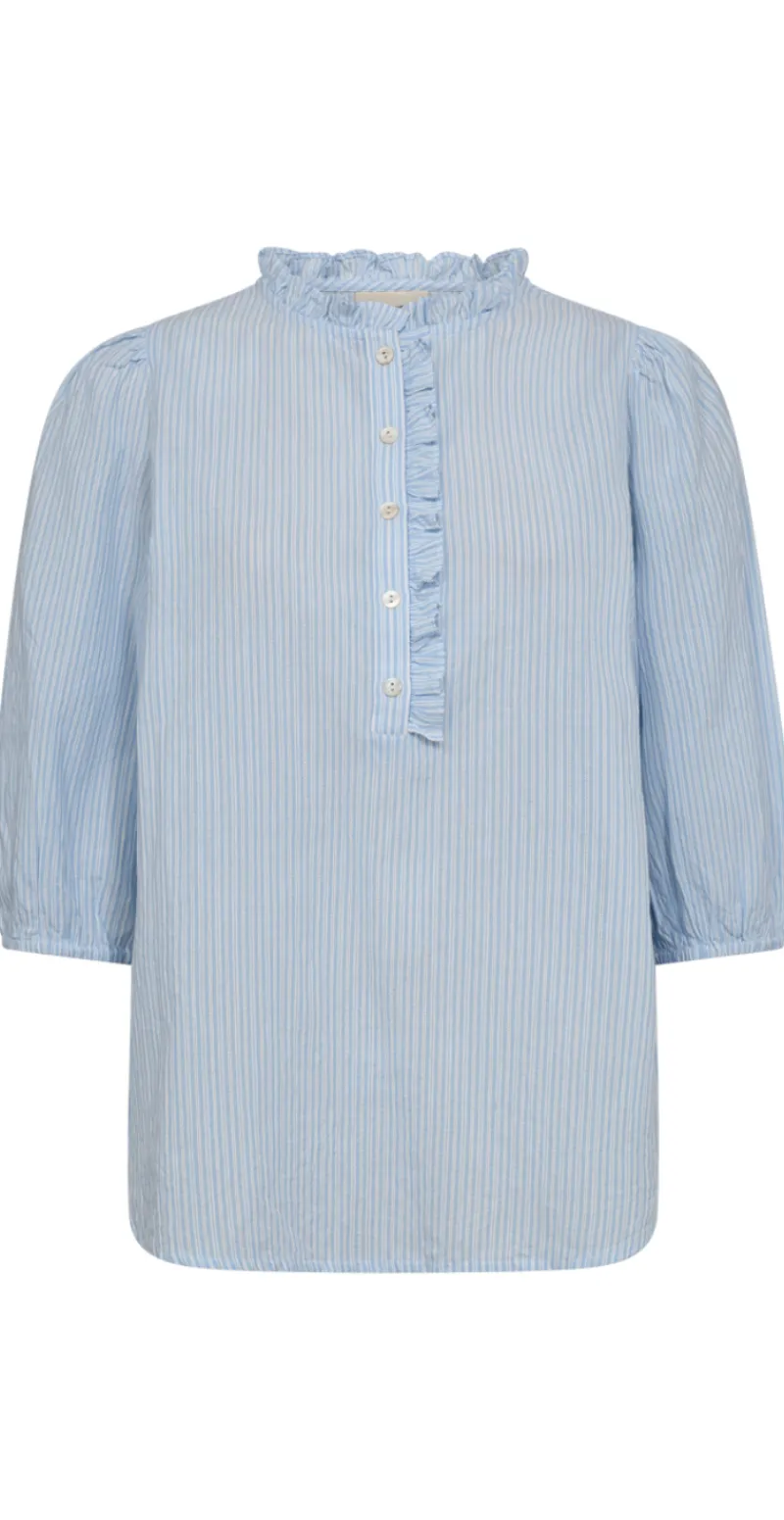 Rolly bluse med flæsedetalje blå & hvid