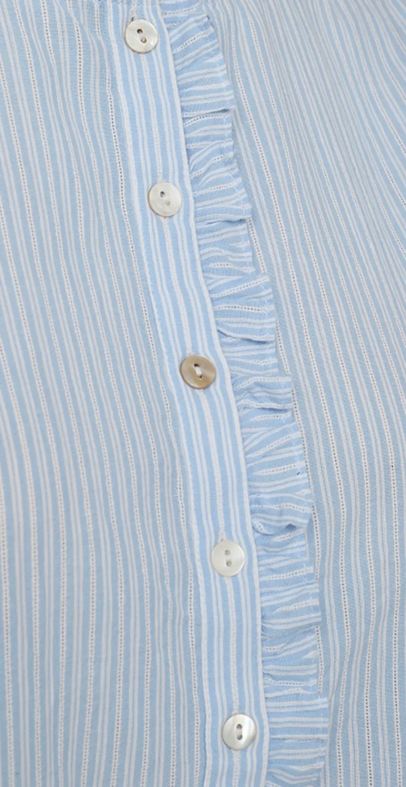 Rolly bluse med flæsedetalje blå & hvid