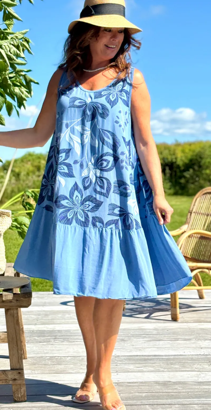 Safira kjole med peplum og blomsterprint denim LikeLondon