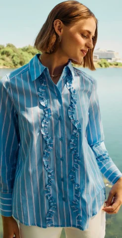 Sirana bluse med frynsedetaljer og striber chambray blue w. star off-white