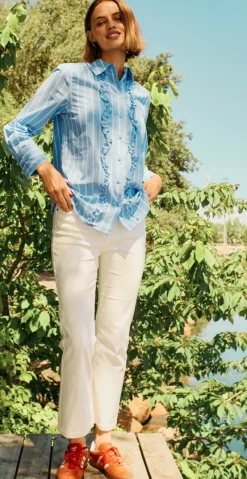 Sirana bluse med frynsedetaljer og striber chambray blue w. star off-white