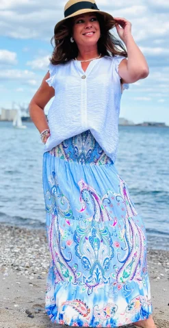 Thora nederdel med paisley print sky LikeLondon